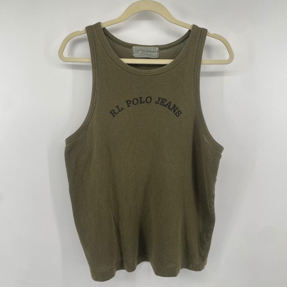 Polo Jeans Co Tank Top Mens Medium Green Waffle Knit Logo Sleeveless Shirt